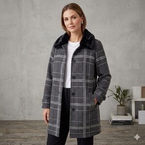 E Studio Woman Plaid Car Coat Faux Fur Collar Black Gray Women’s 3X NWT
